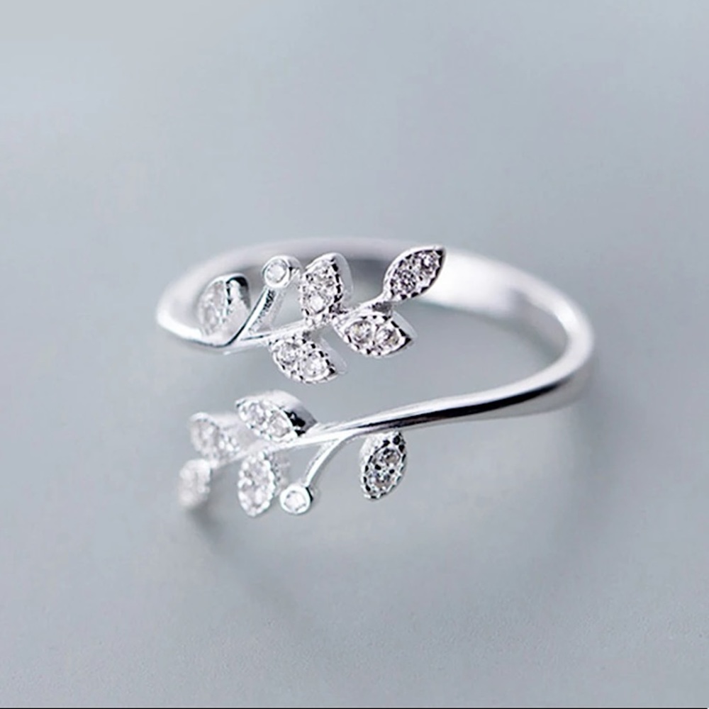 "Olivia" Minimalist Diamond Vine Leaf Plant Adjustable Silver Everyday Cute Ring - Picture 3 of 3